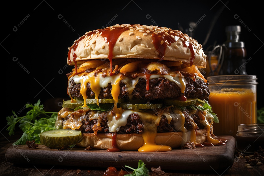 Hambúrguer gigantesco e suculento sendo preparado, cores e aromas irresistíveis.