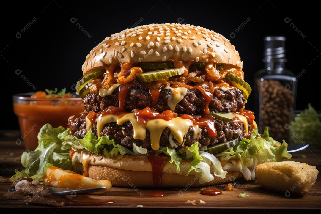 Hambúrguer gigantesco e suculento sendo preparado, cores e aromas irresistíveis.
