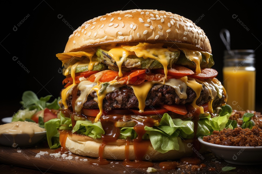 Hambúrguer gigantesco e suculento sendo preparado, cores e aromas irresistíveis.