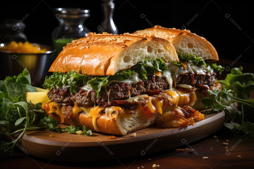 Hambúrguer gigantesco e suculento sendo preparado, cores e aromas irresistíveis.