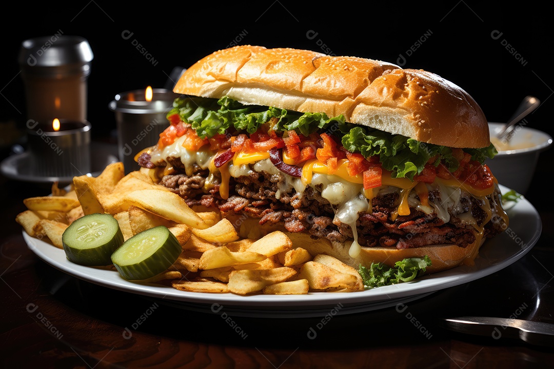 Hambúrguer gigantesco e suculento sendo preparado, cores e aromas irresistíveis.