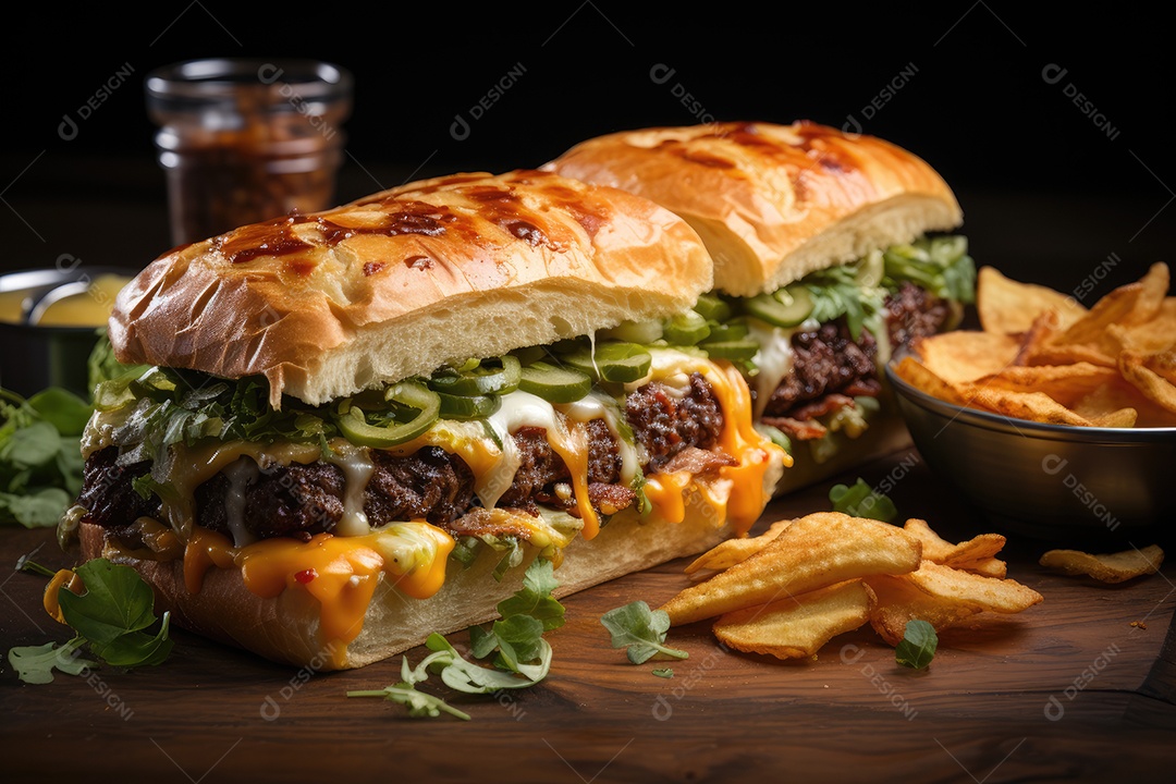 Hambúrguer suculento com queijo, alface e batatas douradas.