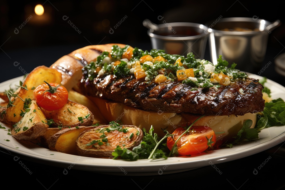 Hambúrguer gigantesco e suculento sendo preparado, cores e aromas irresistíveis.