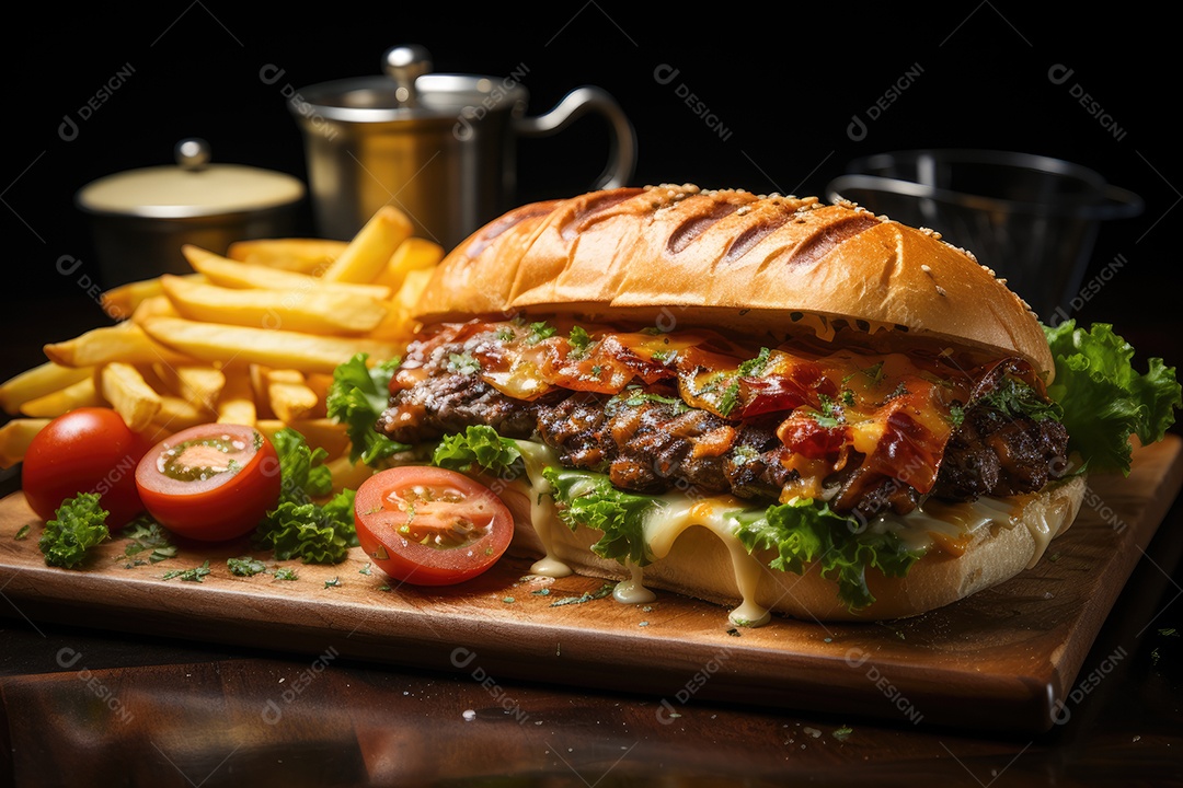 Hambúrguer gigantesco e suculento sendo preparado, cores e aromas irresistíveis.