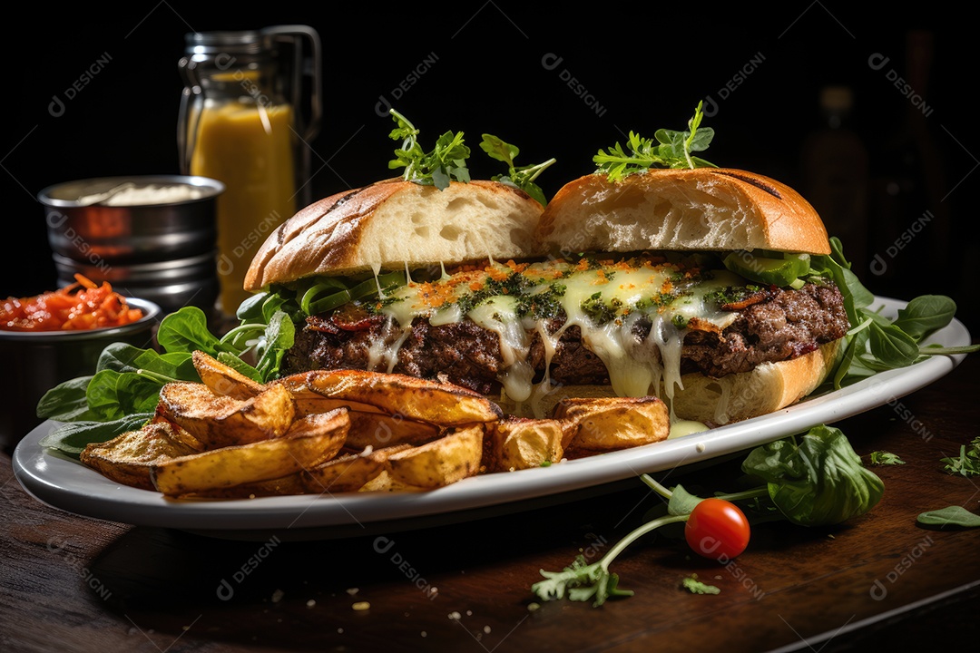 Hambúrguer gigantesco e suculento sendo preparado, cores e aromas irresistíveis.