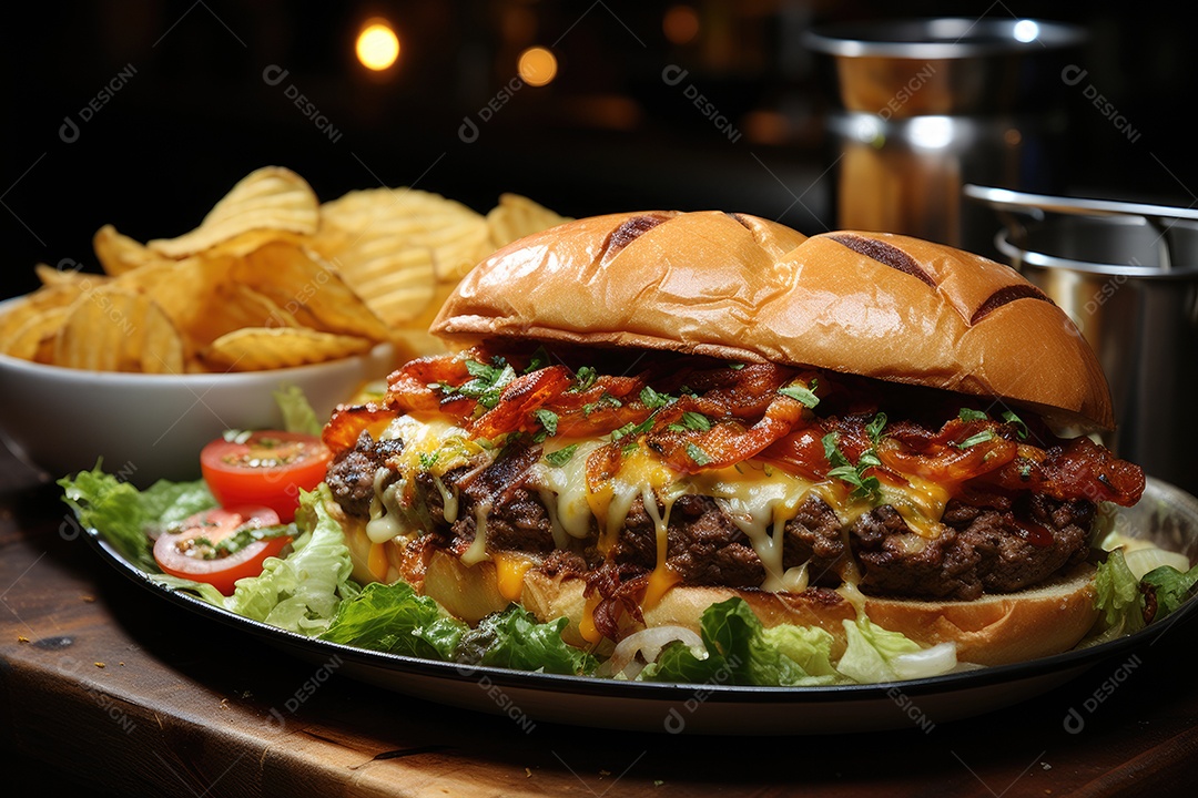 Hambúrguer gigantesco e suculento sendo preparado, cores e aromas irresistíveis.