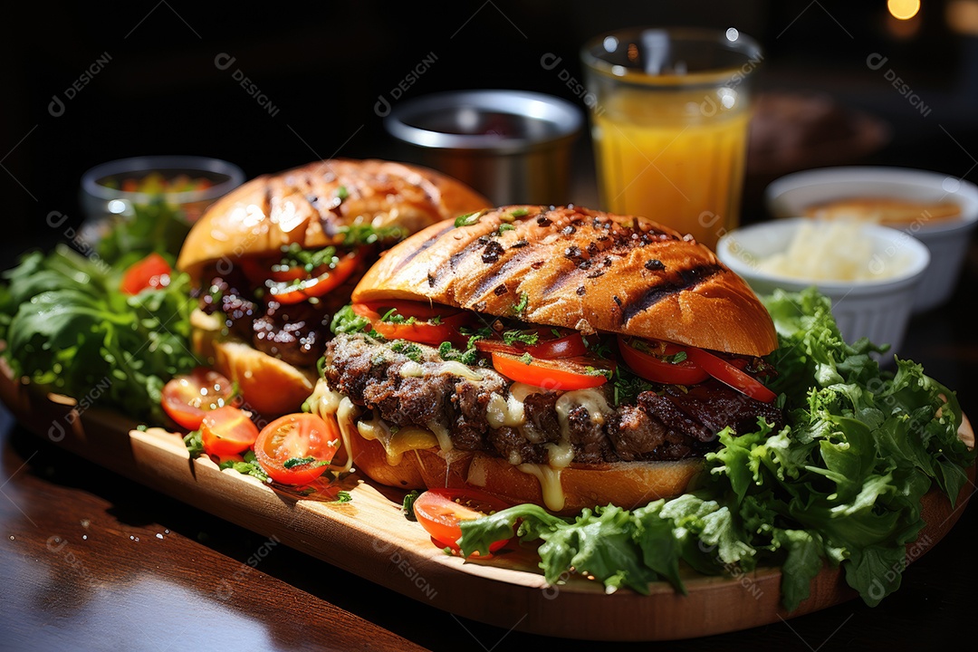 Hambúrguer gigantesco e suculento sendo preparado, cores e aromas irresistíveis.