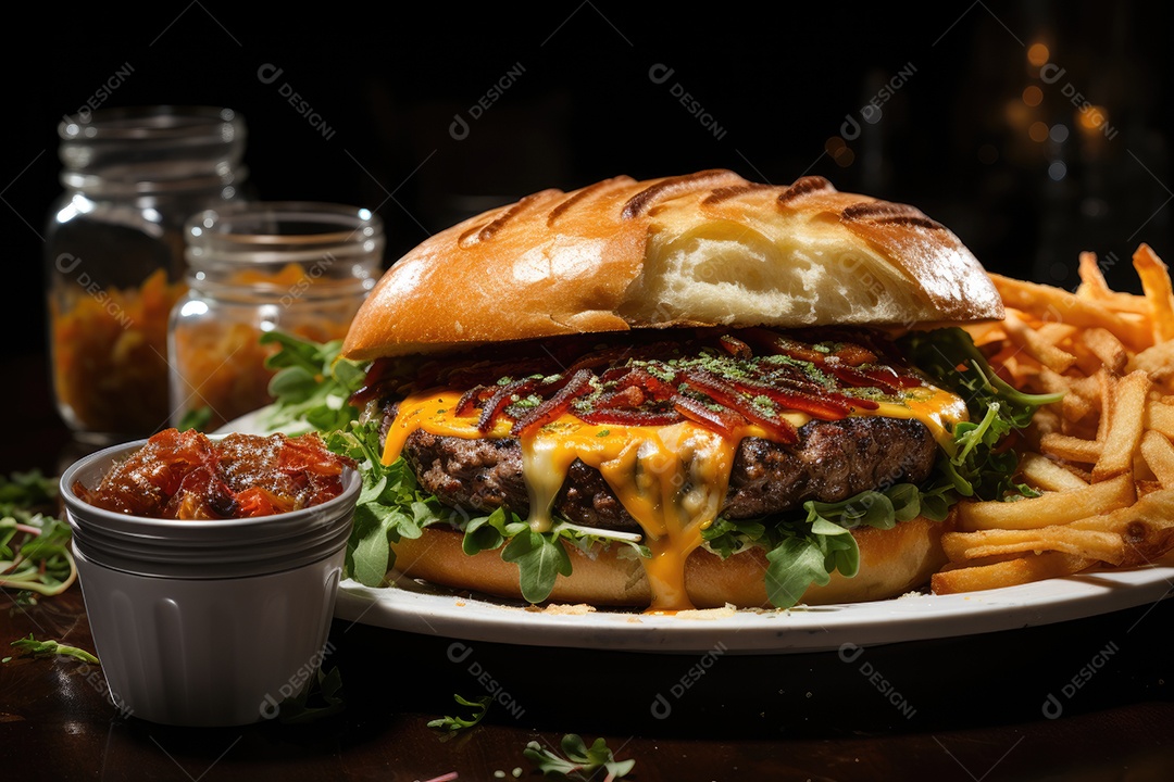 Hambúrguer gigantesco e suculento sendo preparado, cores e aromas irresistíveis.