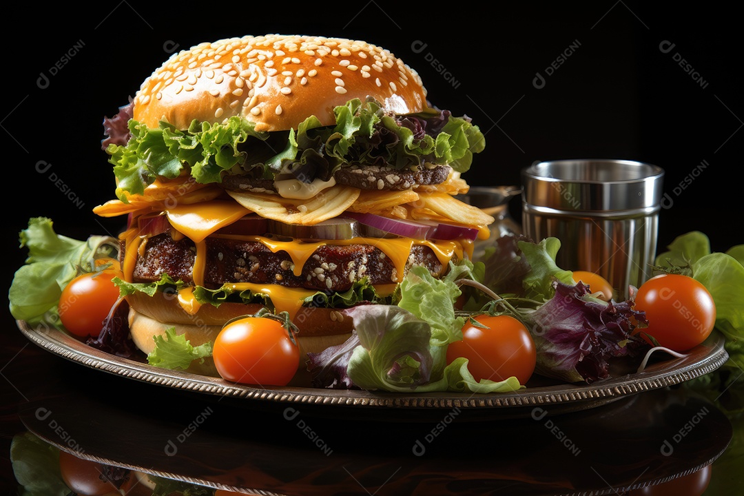 Hambúrguer gigantesco e suculento sendo preparado, cores e aromas irresistíveis.