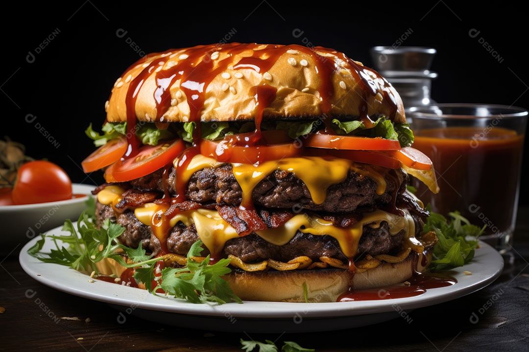 Hambúrguer gigantesco e suculento sendo preparado, cores e aromas irresistíveis.