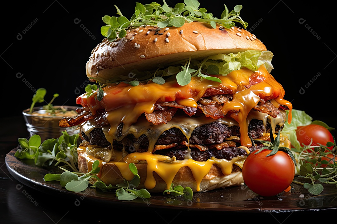 Hambúrguer gigantesco e suculento sendo preparado, cores e aromas irresistíveis.