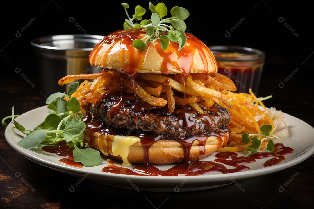 Hambúrguer gigantesco e suculento sendo preparado, cores e aromas irresistíveis.