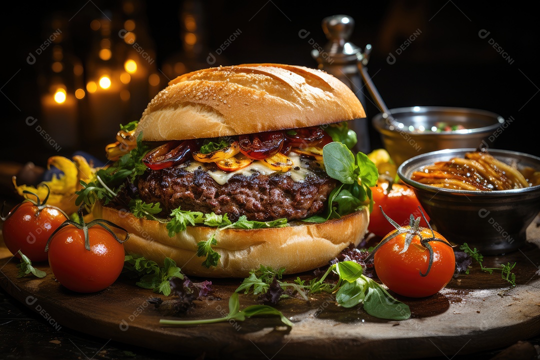 Hambúrguer gigantesco e suculento sendo preparado, cores e aromas irresistíveis.