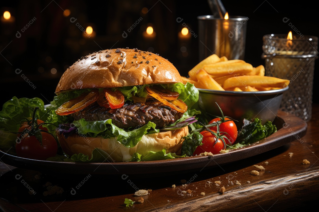 Hambúrguer gigantesco e suculento sendo preparado, cores e aromas irresistíveis.