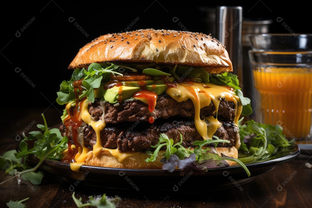 Hambúrguer gigantesco e suculento sendo preparado, cores e aromas irresistíveis.