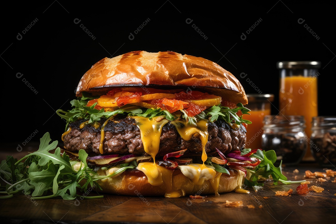 Hambúrguer gigantesco e suculento sendo preparado, cores e aromas irresistíveis.