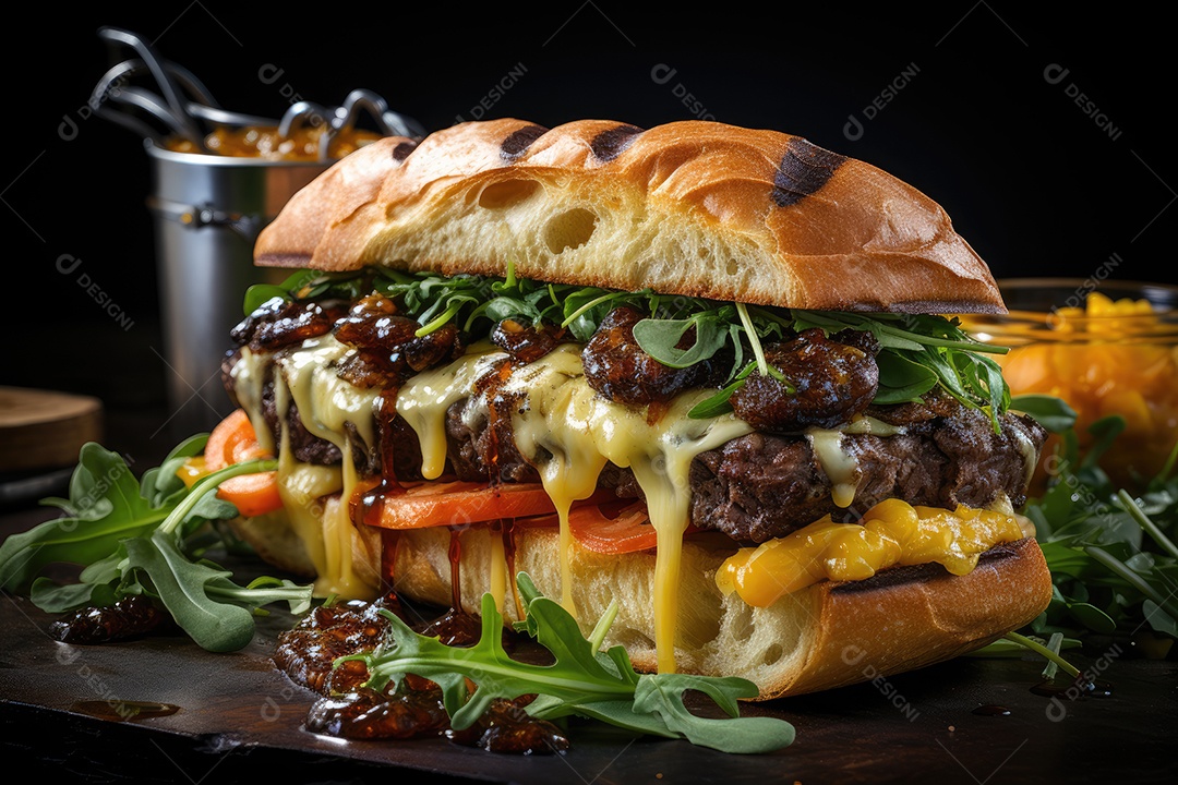 Hambúrguer gigantesco e suculento sendo preparado, cores e aromas irresistíveis.