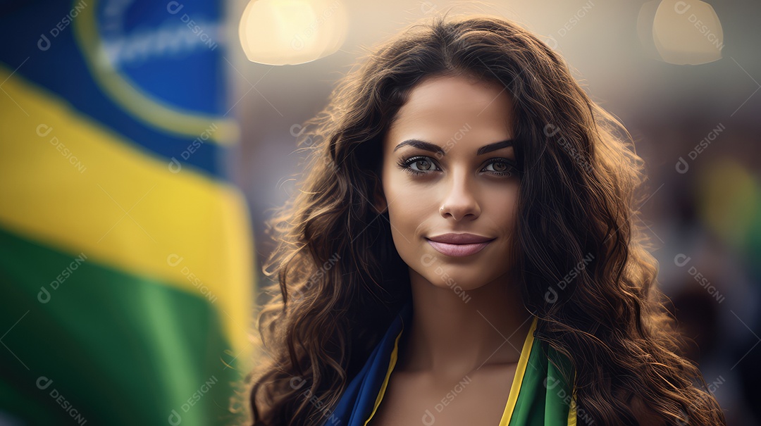 Uma bela jovem sorrindo abraçando uma bandeira brasileira no Dia da Independência do Brasil