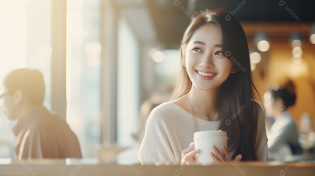 Uma bela jovem sorrindo alegremente sentada em uma cafeteria