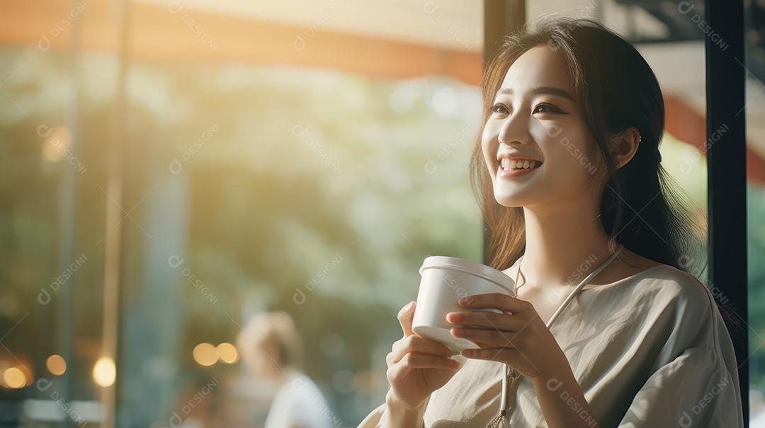 Uma bela jovem asiática sorrindo segurando uma xícara tomando um café em uma cafeteria