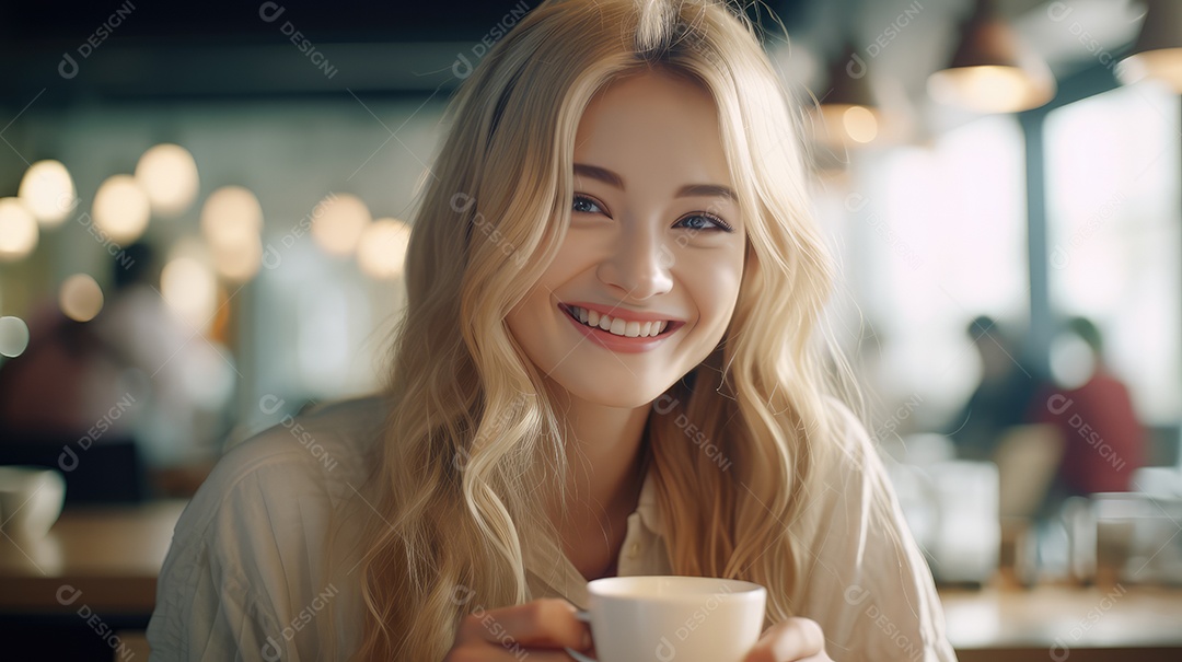 Uma bela jovem asiática sorrindo segurando uma xícara tomando um café em uma cafeteria