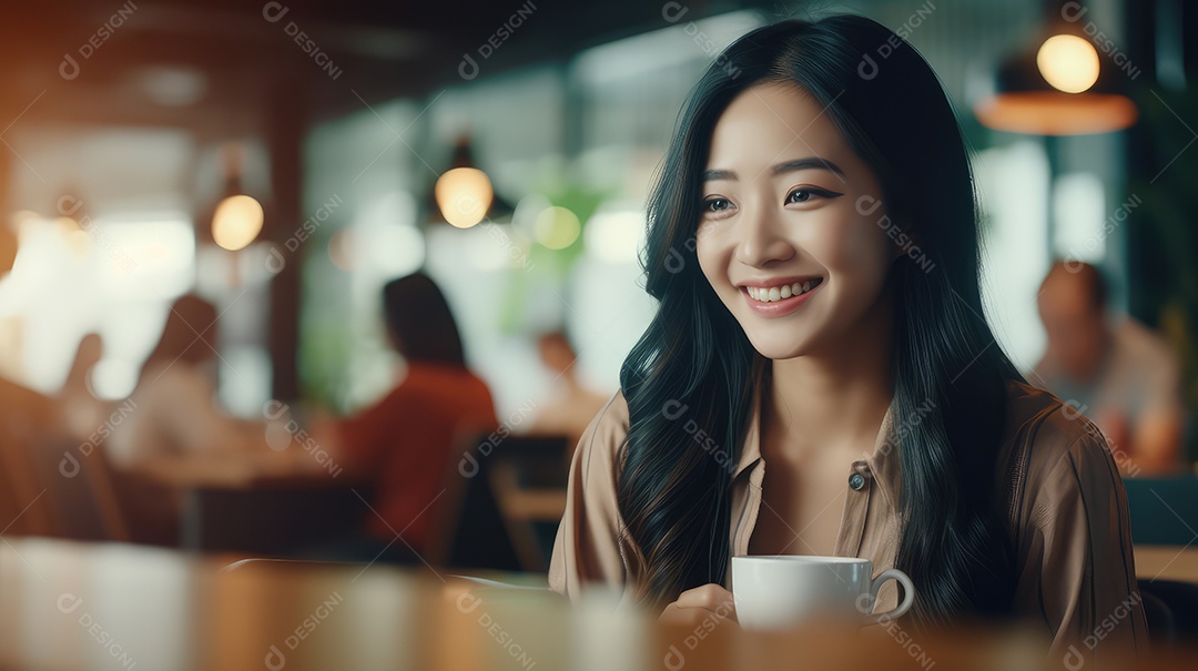 Uma bela jovem asiática sorrindo segurando uma xícara tomando um café em uma cafeteria