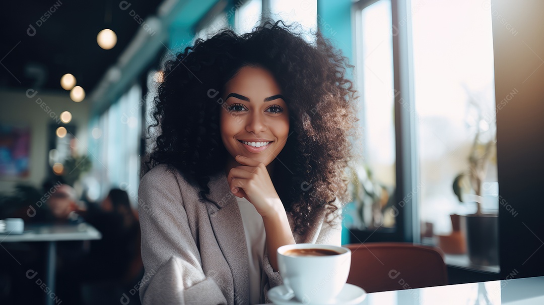 Uma bela jovem asiática sorrindo segurando uma xícara tomando um café em uma cafeteria