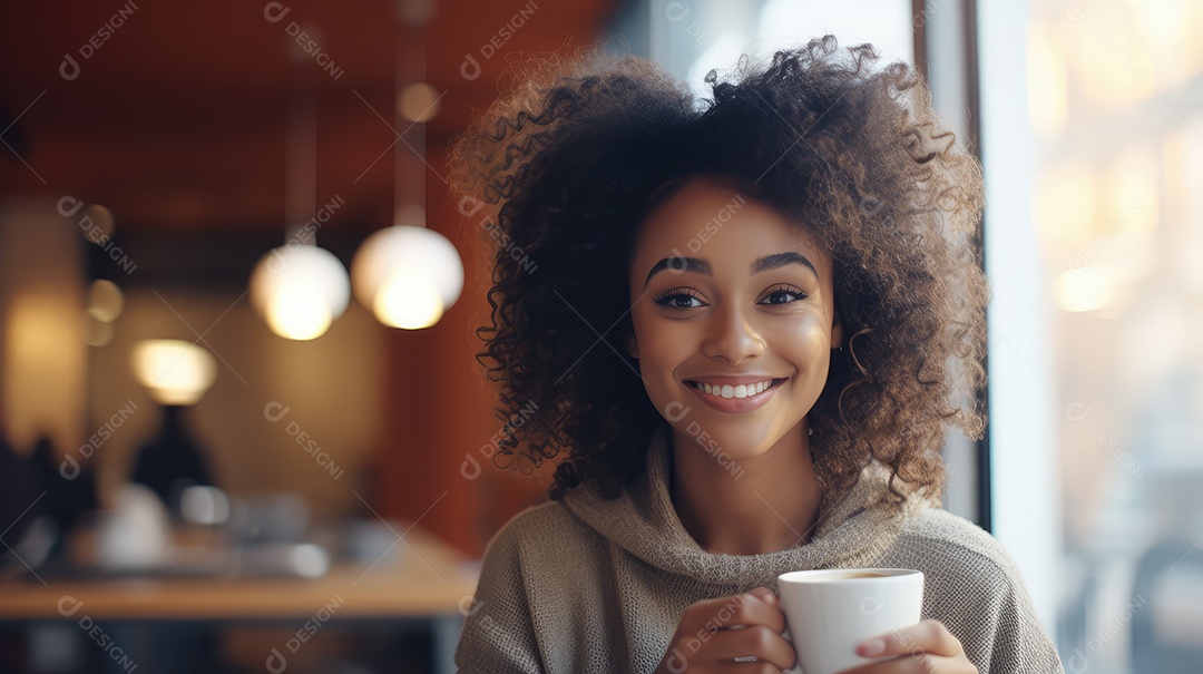 Uma bela jovem asiática sorrindo segurando uma xícara tomando um café em uma cafeteria