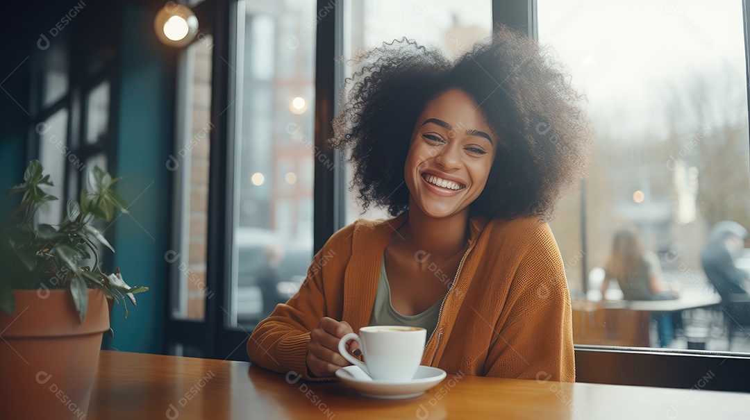 Uma bela jovem asiática sorrindo segurando uma xícara tomando um café em uma cafeteria