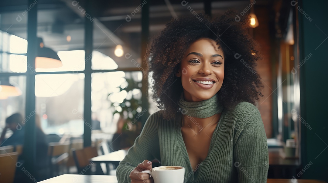 Uma bela jovem asiática sorrindo segurando uma xícara tomando um café em uma cafeteria