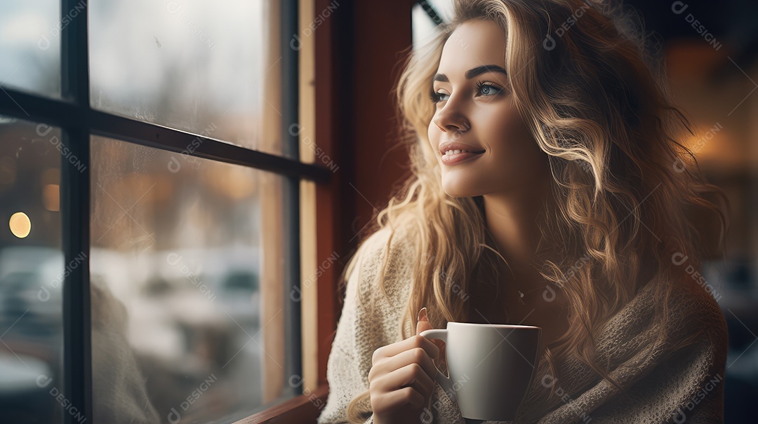 Uma bela jovem asiática sorrindo segurando uma xícara tomando um café em uma cafeteria