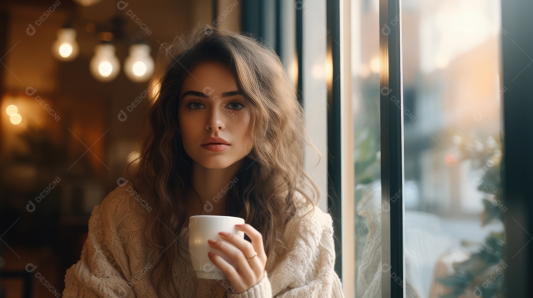Uma bela jovem asiática sorrindo segurando uma xícara tomando um café em uma cafeteria
