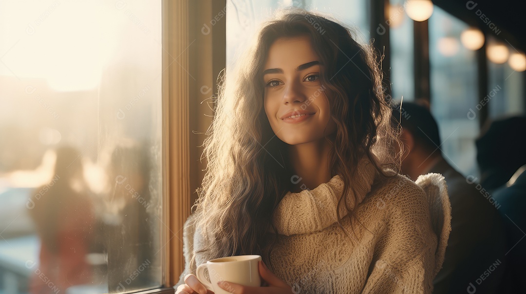 Uma bela jovem asiática sorrindo segurando uma xícara tomando um café em uma cafeteria