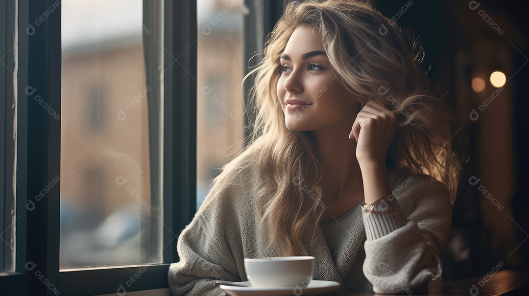 Uma bela jovem asiática sorrindo segurando uma xícara tomando um café em uma cafeteria