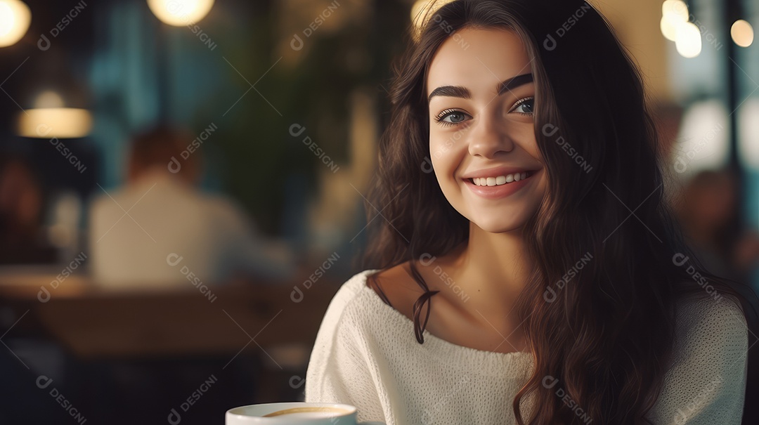 Uma bela jovem asiática sorrindo segurando uma xícara tomando um café em uma cafeteria