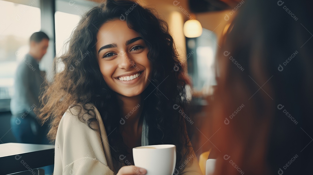 Uma bela jovem asiática sorrindo segurando uma xícara tomando um café em uma cafeteria