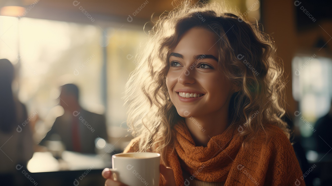 Uma bela jovem asiática sorrindo segurando uma xícara tomando um café em uma cafeteria