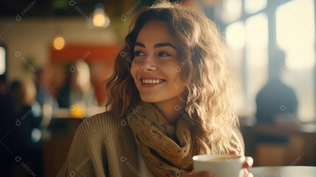 Uma bela jovem asiática sorrindo segurando uma xícara tomando um café em uma cafeteria