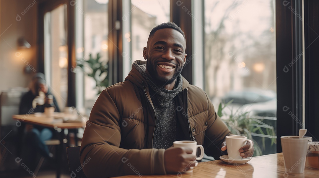 Um jovem bonito sentado em uma cafeteria