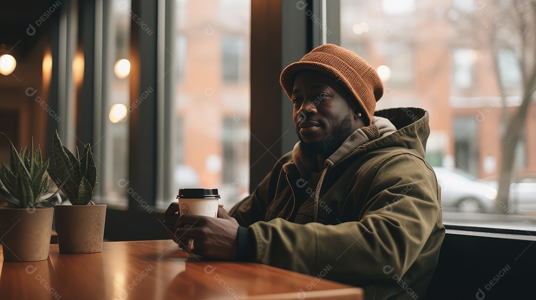Um jovem bonito sentado em uma cafeteria