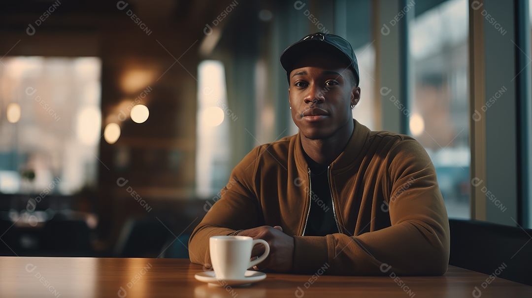 Um jovem bonito sentado em uma cafeteria
