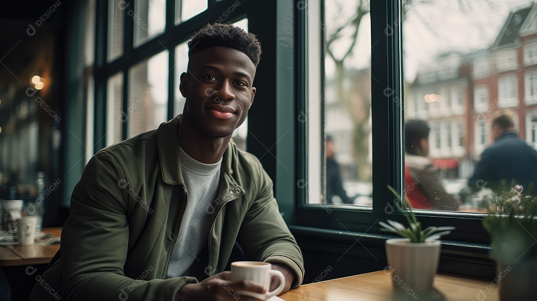 Um jovem bonito sentado em uma cafeteria