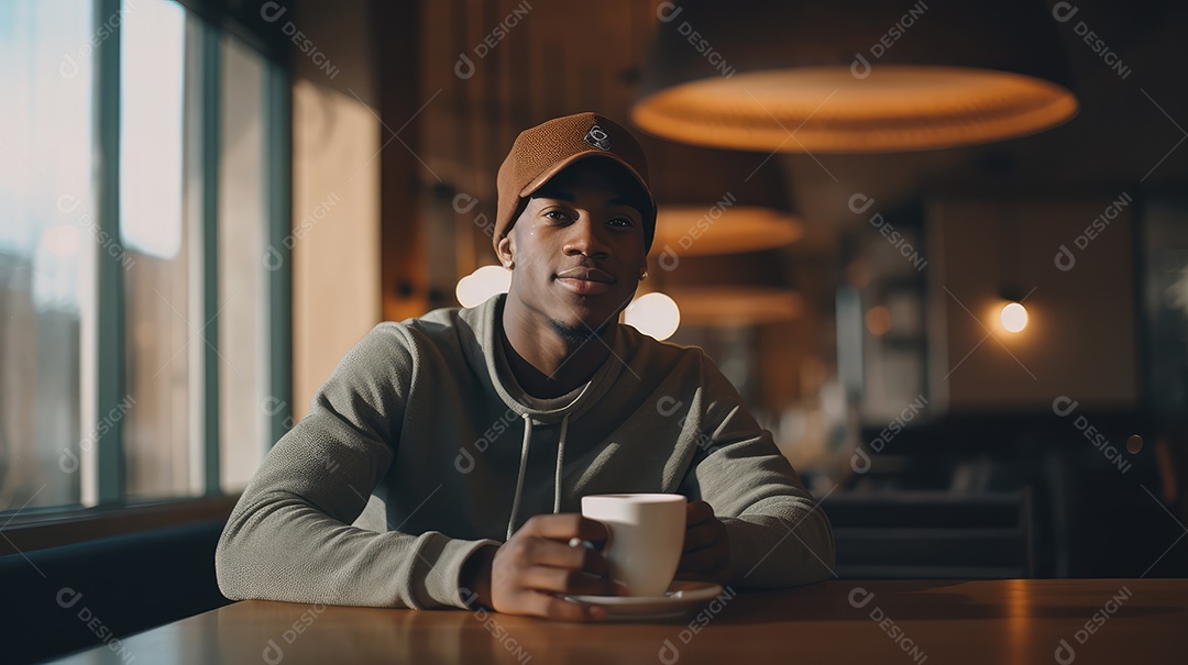 Jovem bonito sorrindo alegremente sentado em uma cafeteria olhando para a câmera