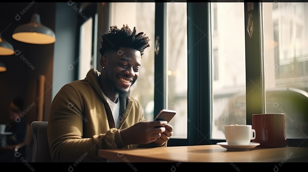 Jovem bonito sorrindo alegremente sentado em uma cafeteria