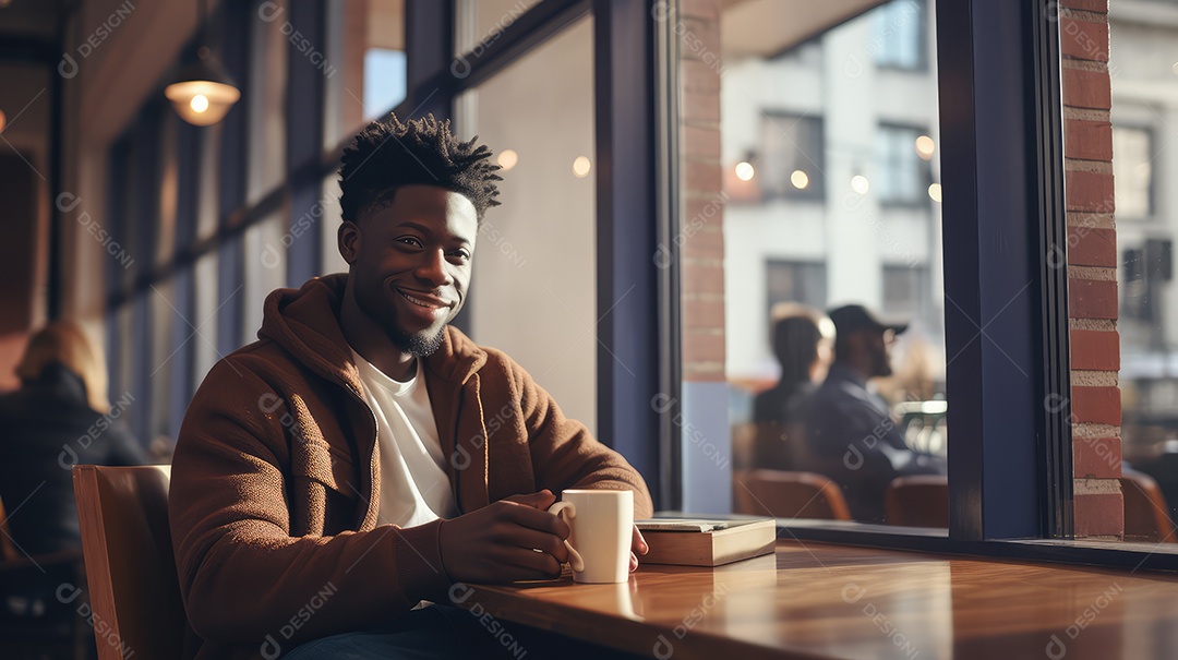 Jovem bonito sorrindo alegremente sentado em uma cafeteria