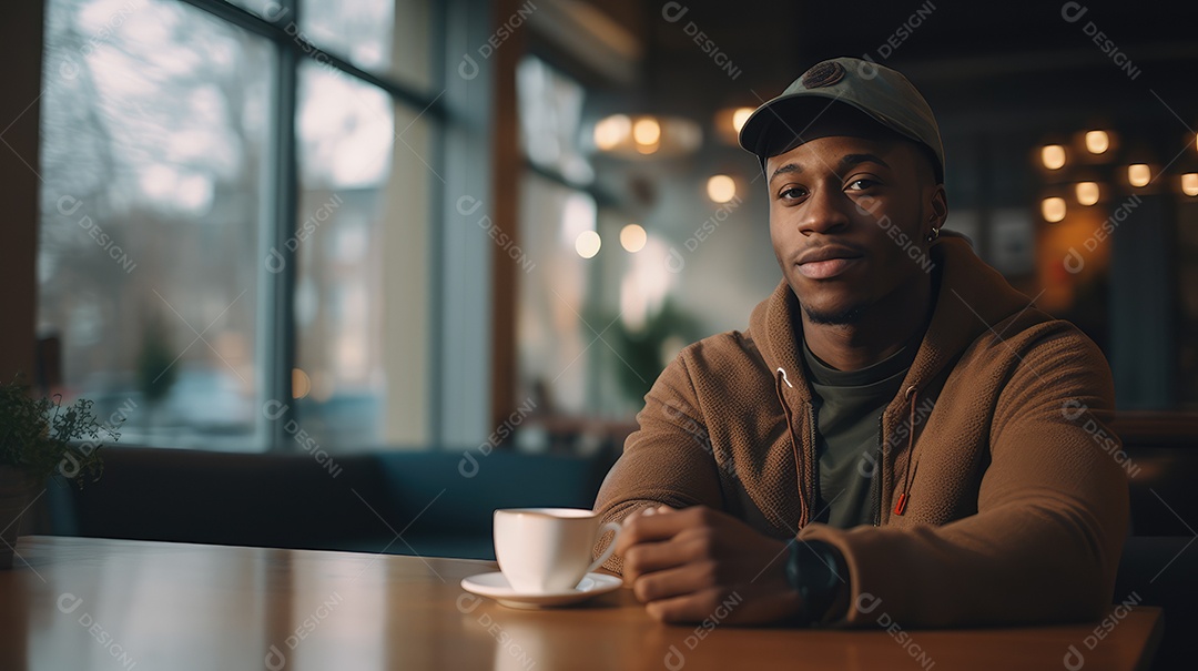 Jovem bonito sorrindo alegremente sentado em uma cafeteria