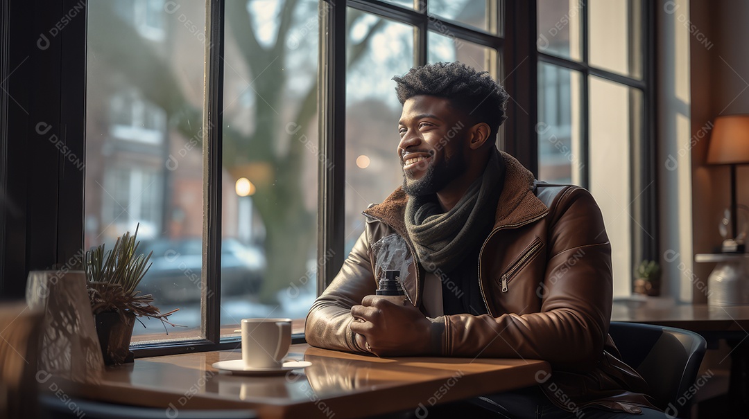 Jovem bonito sorrindo alegremente sentado em uma cafeteria