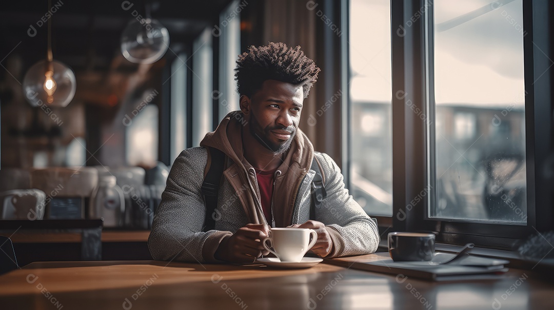 Jovem bonito sorrindo alegremente sentado em uma cafeteria