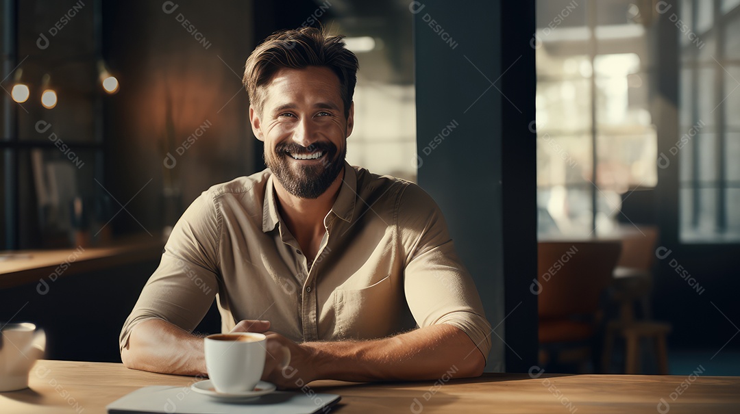 Jovem bonito sorrindo alegremente sentado em uma cafeteria