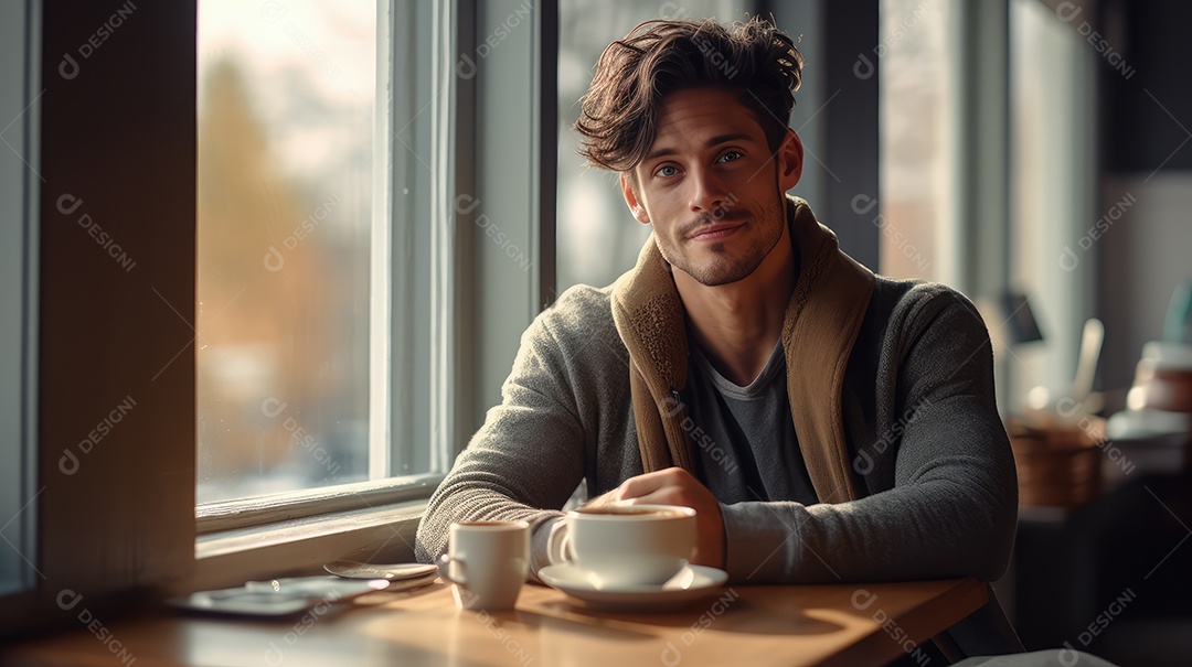 Jovem bonito sorrindo alegremente sentado em uma cafeteria